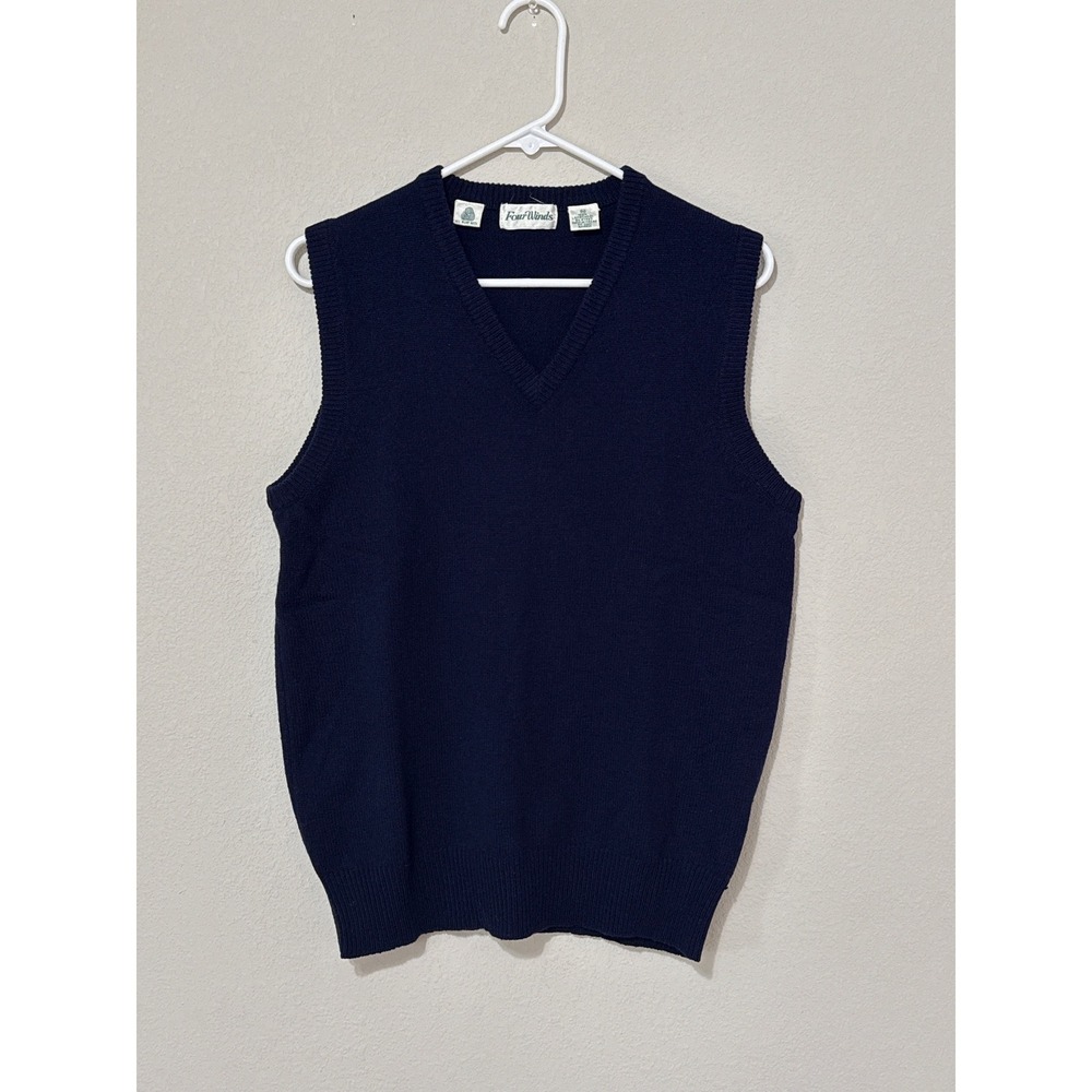 Vtg Four Winds Men's‎ 100% Lambswool Navy Sweater Vest Slipover Size M Preppy